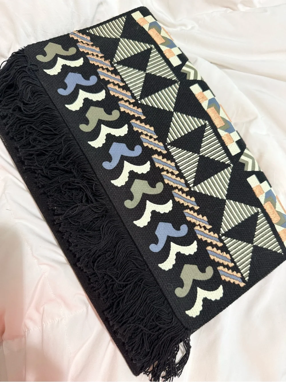 Embroidered Black Fringe Accent Clutch Purse with Geometric Pattern